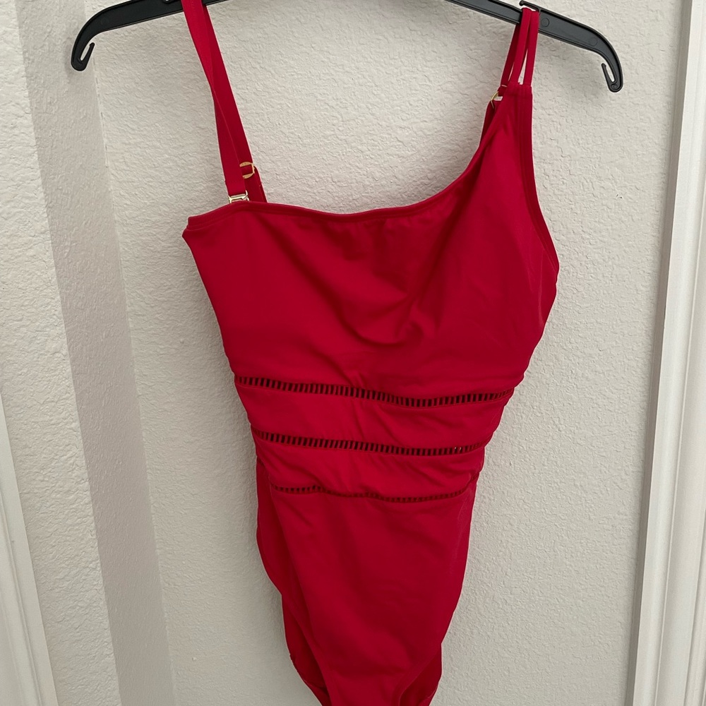 Bleu Rod Beattie from Dillards red asymmetrical one-piece swimsuit